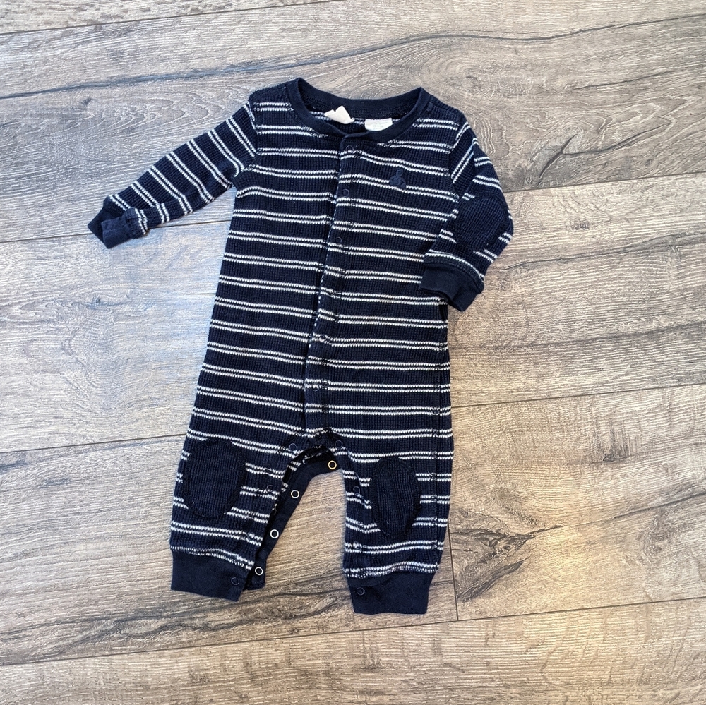 Gap Navy 3-6 Month Waffle Thermal Romper Outfit Elbow & Knee Patches